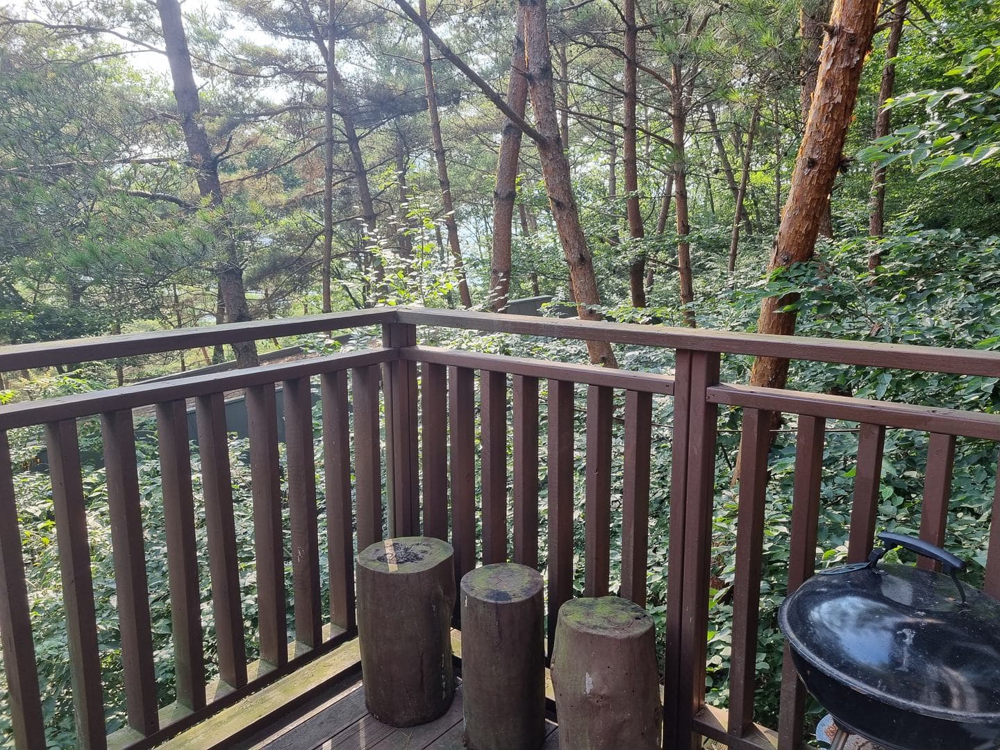 Three log stools and a kettle grill on a deck facing the forest