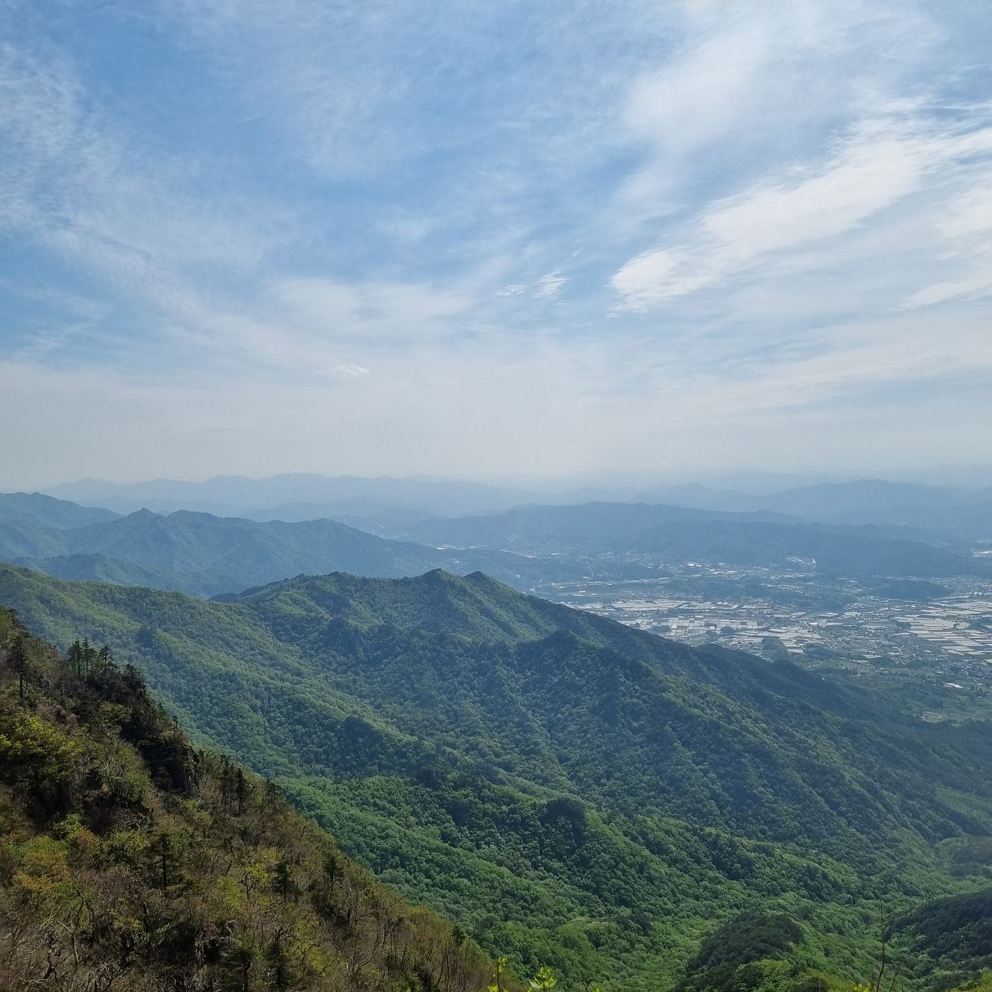 Green ridges and valleys stretching below the summit