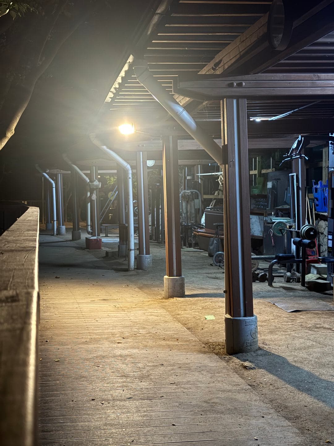 An outdoor gym under the lights on the mountain