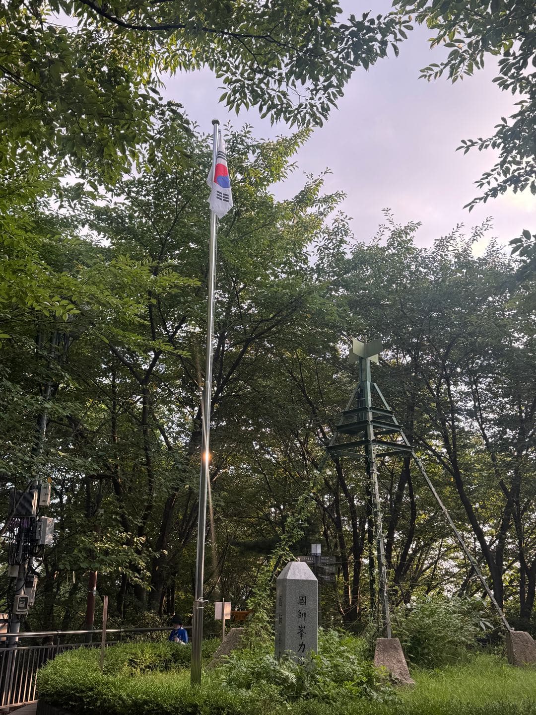 Flagpole and summit stone among summer trees