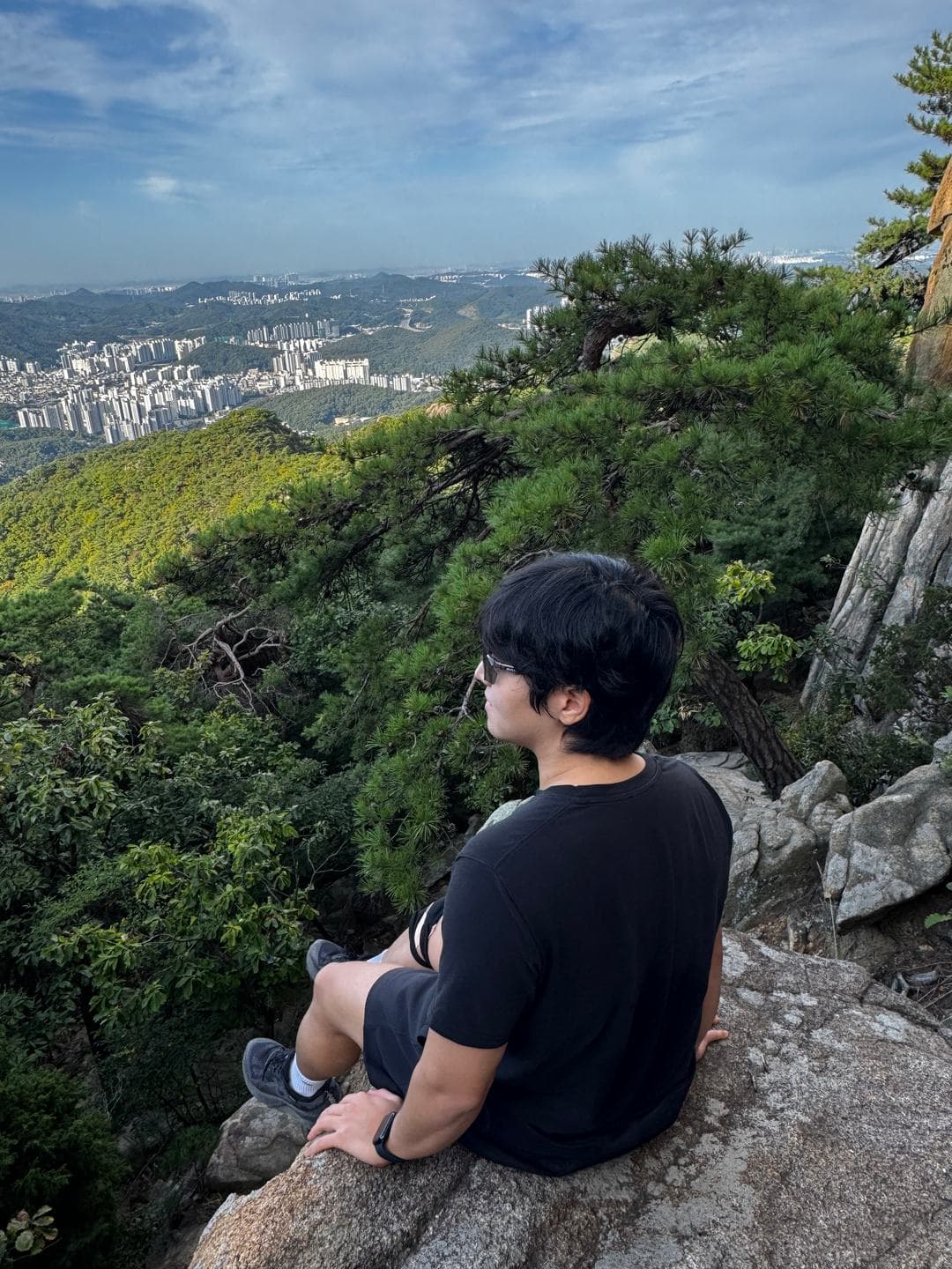 Sitting on a rock above the forested slopes and the city