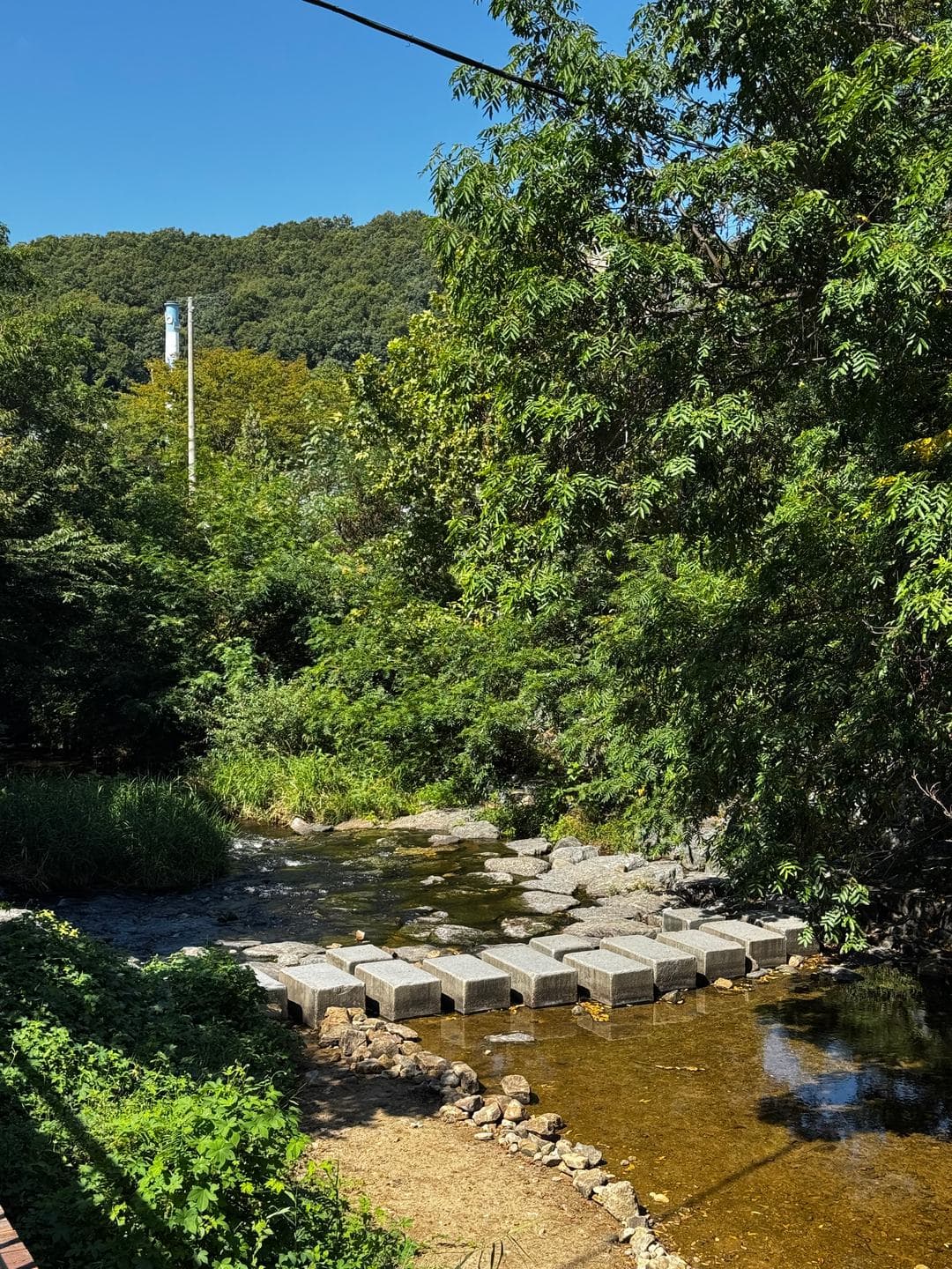 Stepping stones across a stream at the foot of the mountain