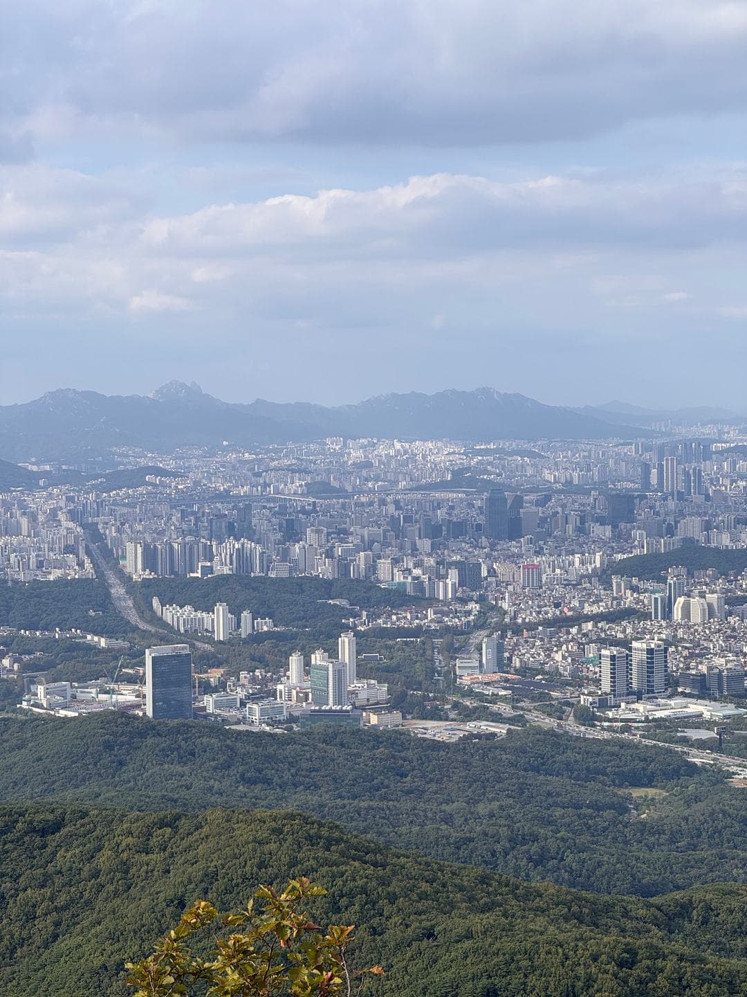 The city stretching north toward distant peaks