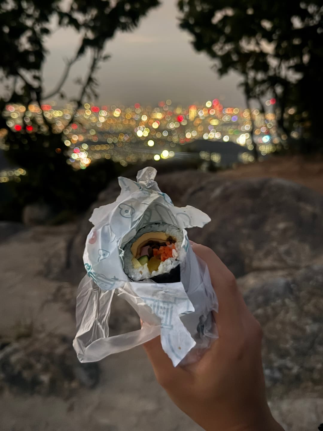 Gimbap in a plastic bag held up against blurred city lights on the summit rocks