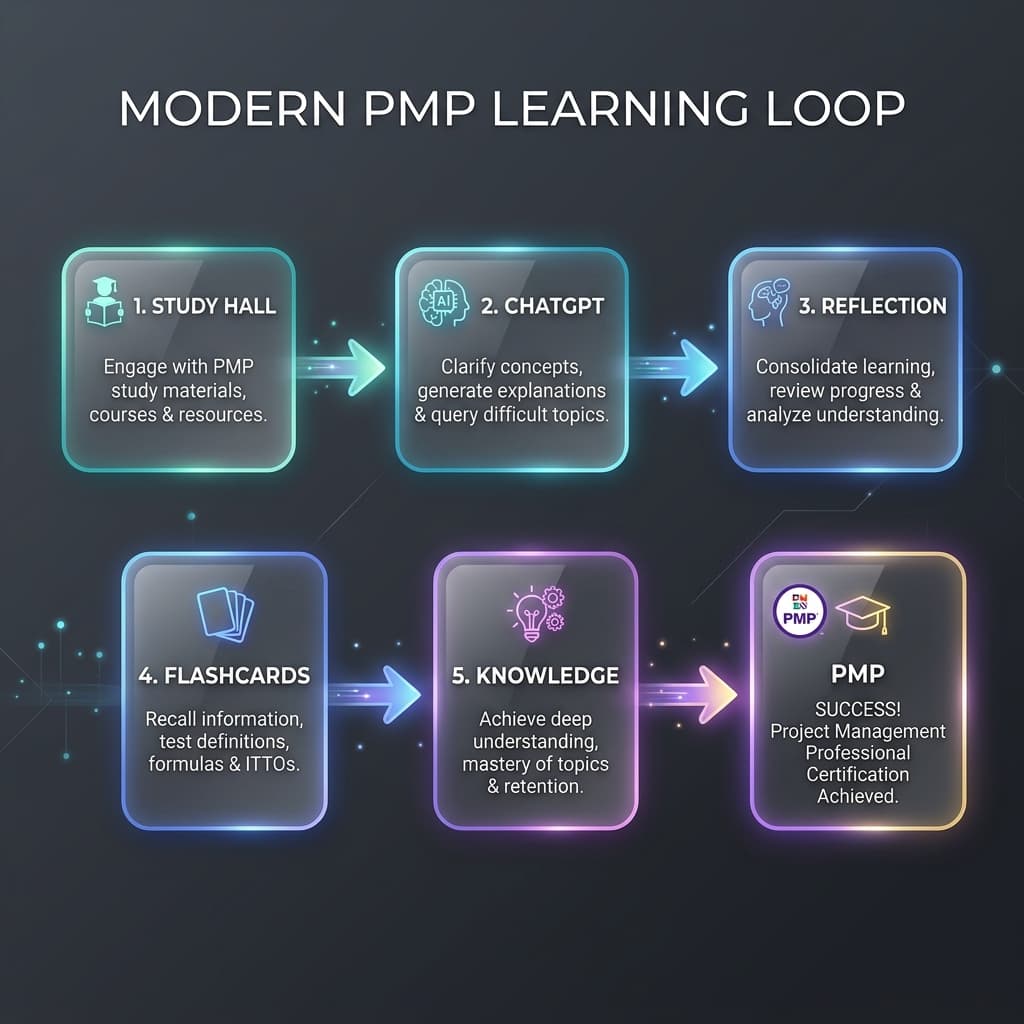 Study Hall에서 출발해 ChatGPT, 성찰, 플래시카드, 지식 내재화로 이어지는 PMP 학습 루프 다이어그램