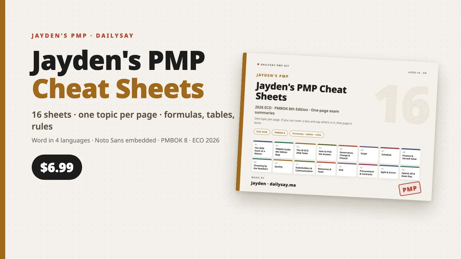 Jayden's PMP Cheat Sheets cover, a landscape sheet with 16 topic tiles, priced at $6.99