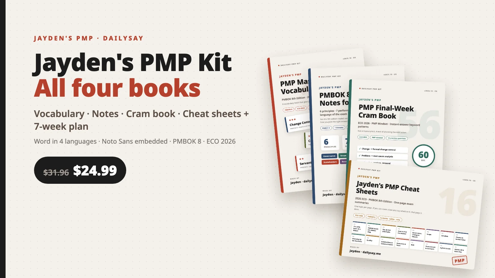 The four covers of Jayden's PMP Kit stacked together, $24.99 instead of $31.96