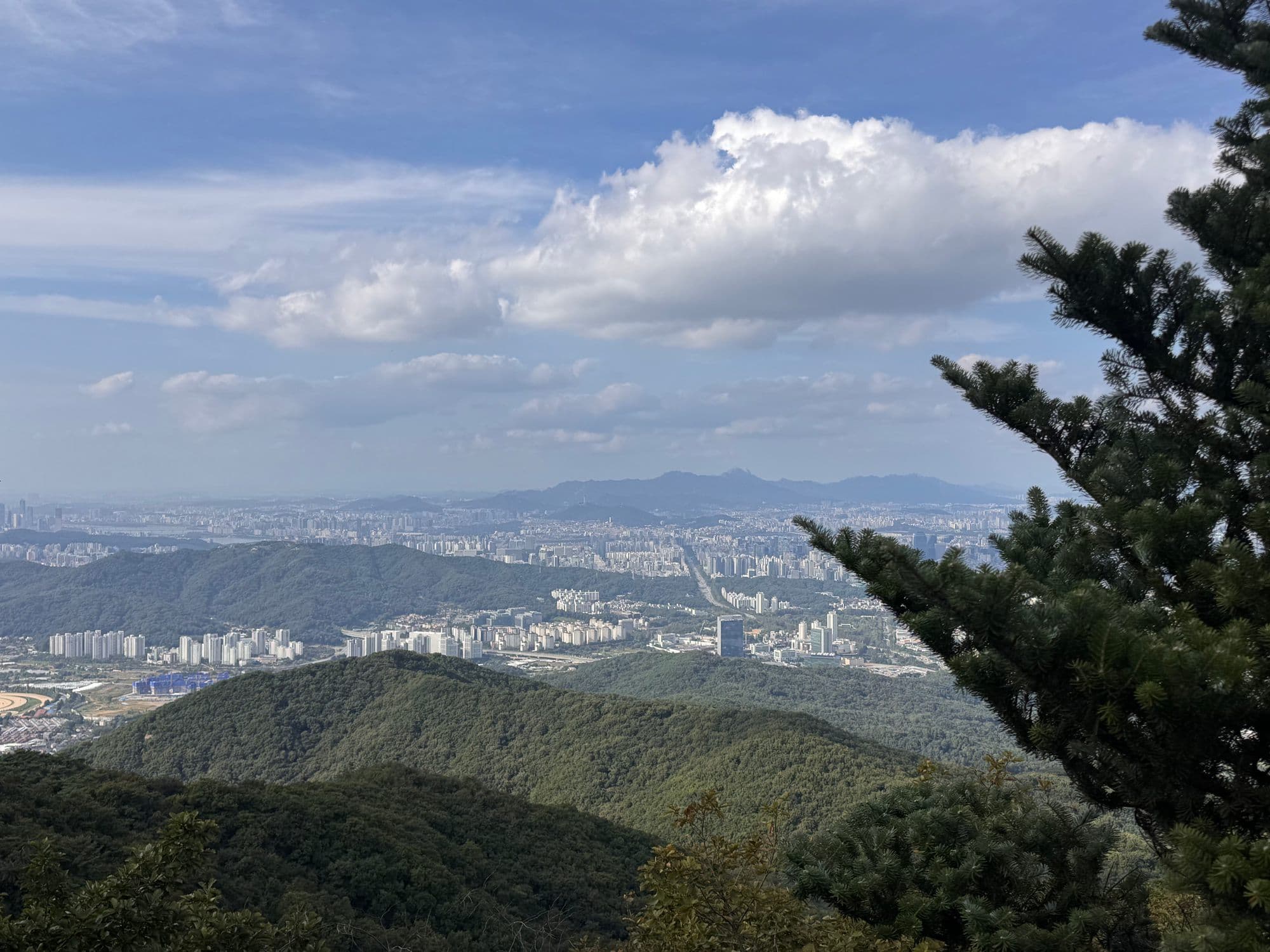 Ridges and the southern city from Cheonggyesan, a pine in the corner