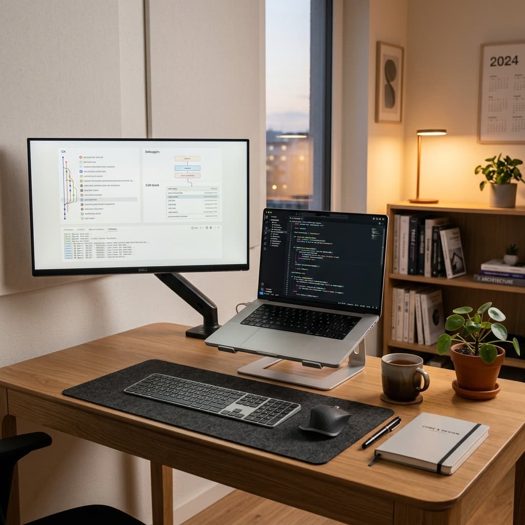 A software developer's desk featuring a code editor showing a diff file review and a notebook with an active QA checklist.