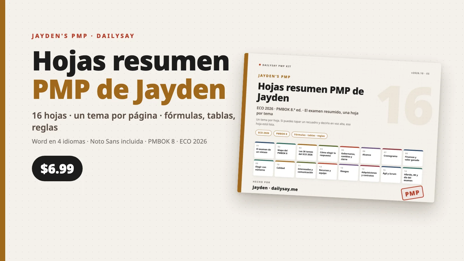 Portada de las Hojas resumen PMP de Jayden: hojas horizontales con 16 recuadros de temas y el precio de 6.99 dólares
