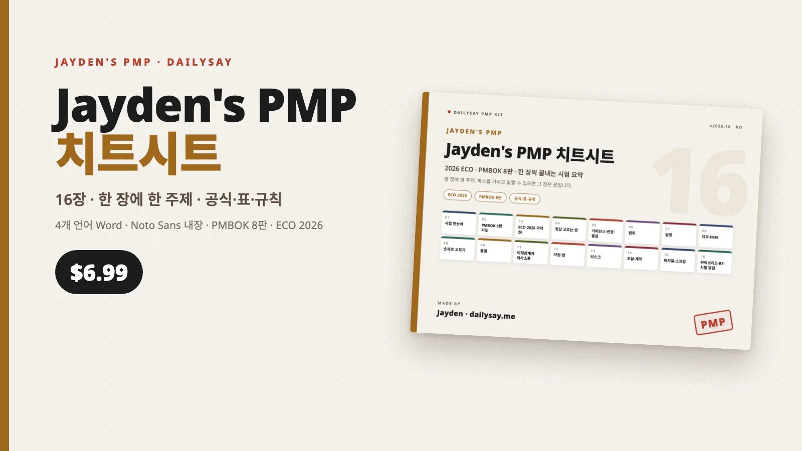 Jayden's PMP 치트시트 표지, 16개 주제 타일이 놓인 가로형 시트와 가격 6.99달러