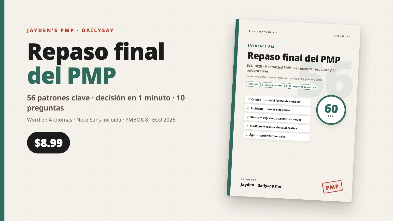Portada del Repaso final del PMP con un reloj de 60 segundos, una lista de reglas de respuesta y el precio de 8.99 dólares