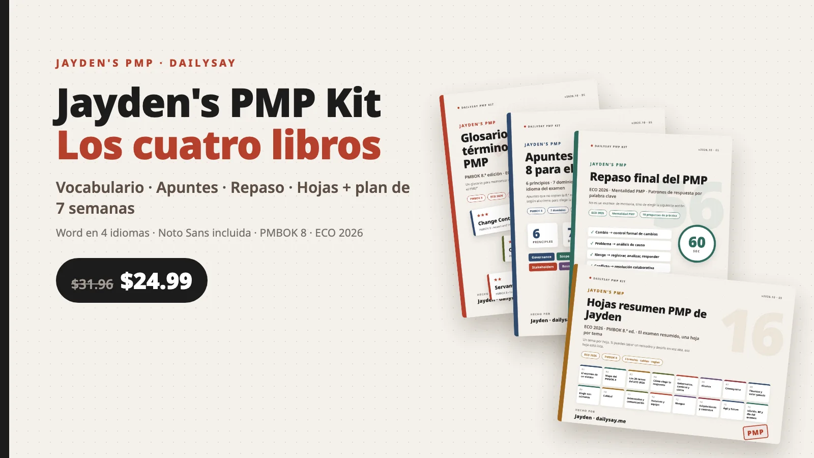 Las portadas de los cuatro libros de Jayden's PMP Kit superpuestas, con el precio de 24.99 dólares en vez de 31.96