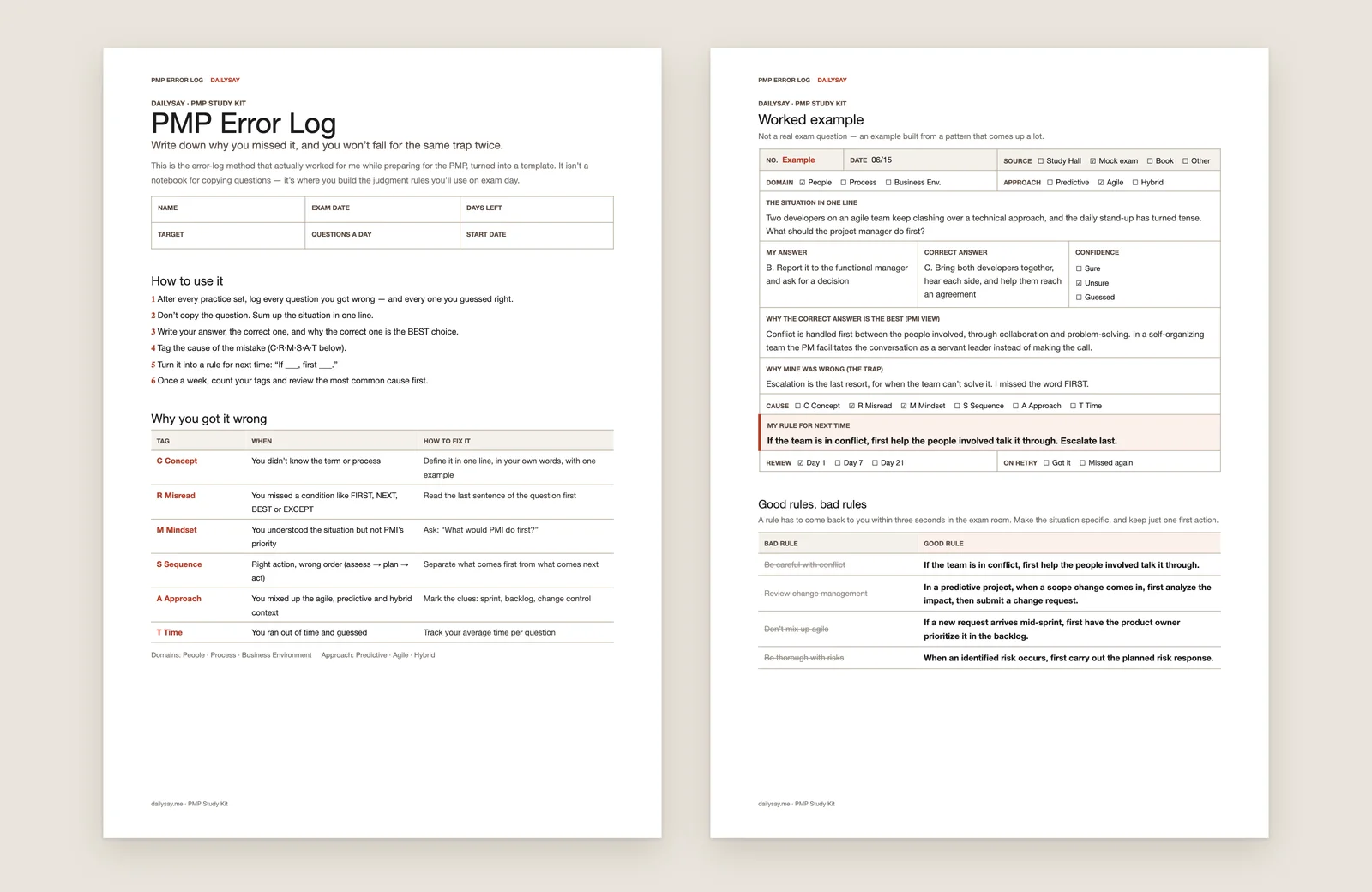 Two-page preview of the PMP Error Log Word template: the how-to steps and the C·R·M·S·A·T cause table on the left, a worked example card and a good-vs-bad rules table on the right
