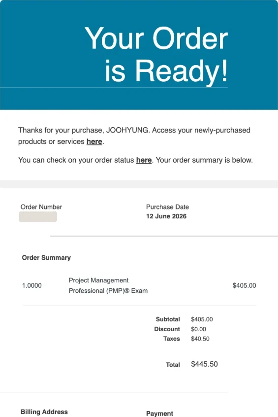 PMI order email for the PMP exam: purchase date June 12, 2026, Project Management Professional (PMP) Exam $405.00, taxes $40.50, total $445.50