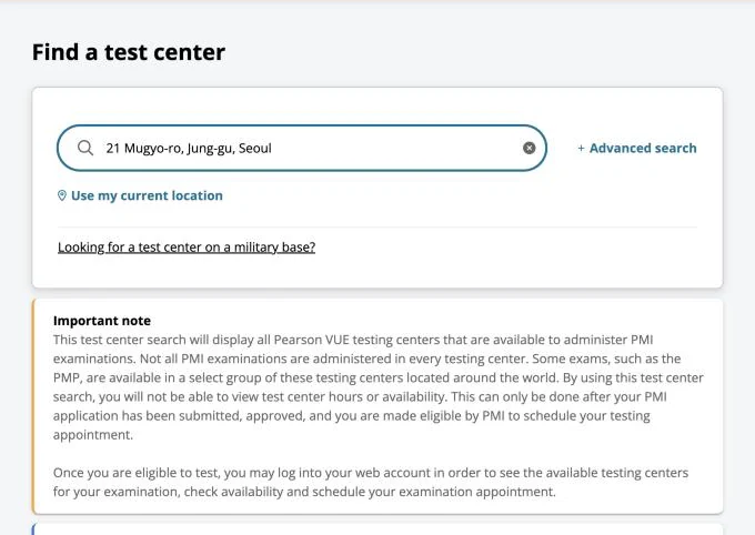 Pearson VUE Find a test center page with a note that exams such as the PMP run only at select centers and that hours and availability show only after PMI makes you eligible