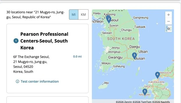 Pearson VUE test center search result: number 1, Pearson Professional Centers-Seoul, 6F The Exchange Seoul, 21 Mugyo-ro, Jung-gu, Seoul 04520, with a map of South Korea