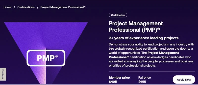 PMI's PMP page viewed from Korea showing Member price $405, Full price $655 and an Apply Now button