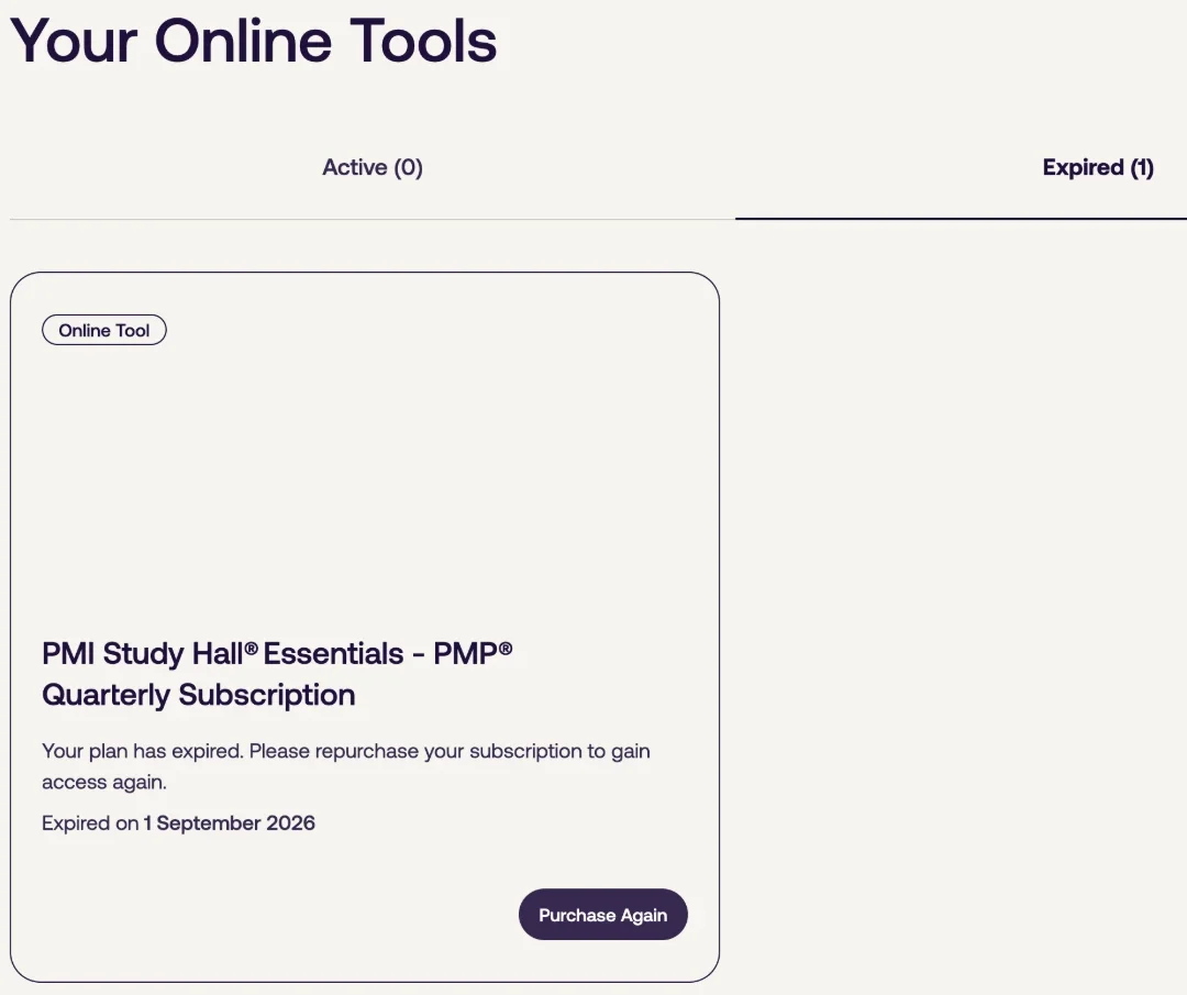 myPMIの「Your Online Tools」画面の期限切れ（Expired）タブ。PMI Study Hall Essentials PMPの四半期サブスクリプションが2026年9月1日に期限切れと表示されている